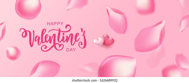 Happy Valentine's Day hand lettering typography with realistic looking rose petals. Vector design for greeting cards, banner, poster template. Celebration illustration.