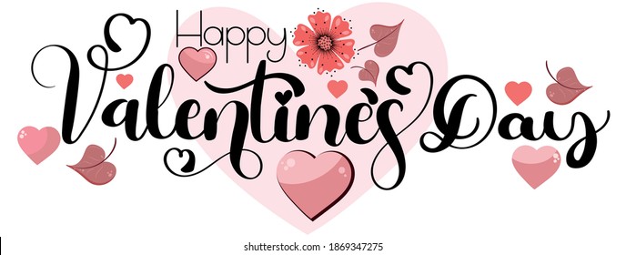 Happy VALENTINES Day. Valentine's day hand lettering with hearts of love. Hello February month. Illustration valentines