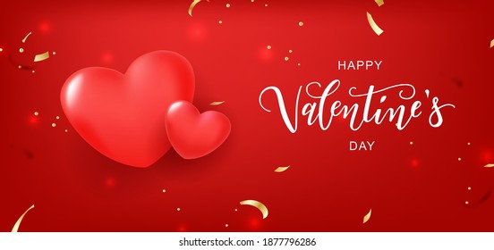 Happy Valentine's Day hand lettering typography with realistic looking hearts. Vector design for greeting cards, banner, poster template. Celebration illustration.