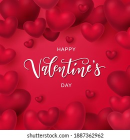 Happy Valentine's Day hand lettering typography with realistic looking hearts. Vector design for greeting cards, banner, poster template. Celebration illustration.