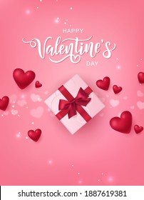 Happy Valentine's Day hand lettering typography with realistic looking gift boxes and hearts. Vector design for greeting cards, banner, poster template. Celebration illustration.