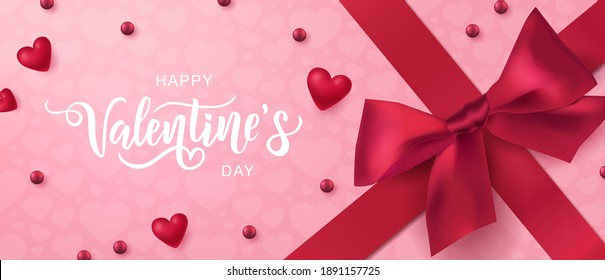 Happy Valentine's Day hand lettering typography with realistic looking bow and hearts. Vector design for greeting cards, banner, poster template. Celebration illustration.