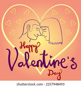 Happy Valentines Day Hand Lettering With Romantic Couple Illustration.eps