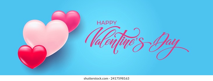 Happy Valentine's Day hand lettering vector. With a beautiful background of 3D hearts. Vector illustration. Romantic quote. Text for a card or invitation.