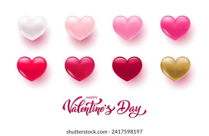 Happy Valentine's Day hand lettering vector. With a beautiful background of 3D hearts. Vector illustration. Romantic quote. Text for a card or invitation.