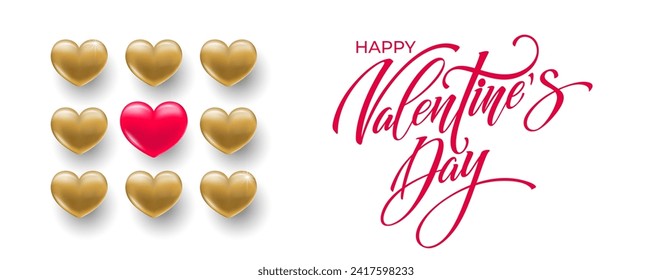 Happy Valentine's Day hand lettering vector. With a beautiful background of 3D hearts. Vector illustration. Romantic quote. Text for a card or invitation.