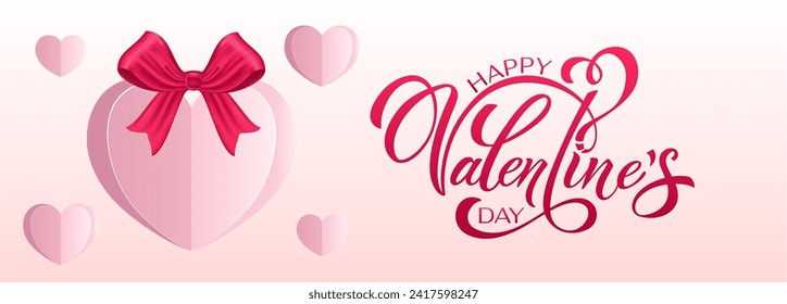 Happy Valentine's Day hand lettering vector. With a beautiful background of 3D hearts. Vector illustration. Romantic quote. Text for a card or invitation.