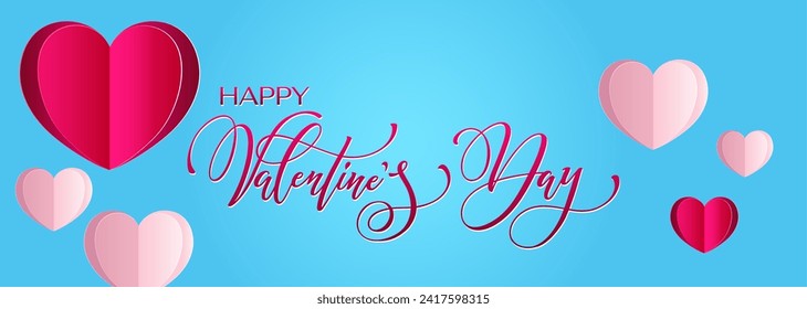 Happy Valentine's Day hand lettering vector. With a beautiful background of 3D hearts. Vector illustration. Romantic quote. Text for a card or invitation.