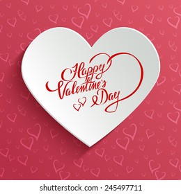 Happy Valentines Day Hand lettering Greeting Card on 3d Heart with Shadow over Seamless Pattern with Stylized Hearts. Typographical Vector Background