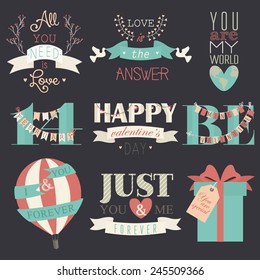 Happy Valentine's Day Hand Lettering Elements And Illustrations Set. Retro elements for Valentine vintage labels, logo. All for love design