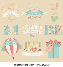 Happy Valentine's Day Hand Lettering Elements And Illustrations Set. Retro elements for Valentine vintage labels, logo. All for love design