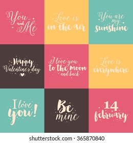 Happy Valentine's Day Hand Lettering - Typographical Background Set  On Chalkboard with ornaments, hearts, ribbon, angel and arrow