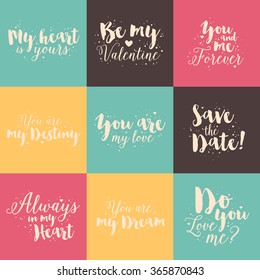 Happy Valentine's Day Hand Lettering - Typographical Background Set  On Chalkboard with ornaments, hearts, ribbon, angel and arrow