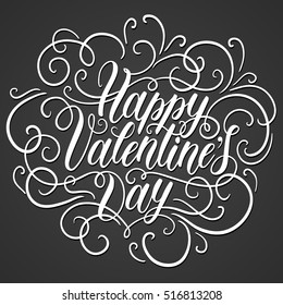 Happy Valentine's day hand lettering on black background. Can be used for website background, poster, printing, banner, greeting card. Vector illustration