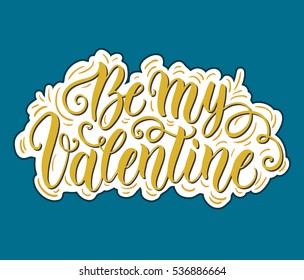 Happy Valentine's day hand lettering on blue background. Can be used for website background, poster, printing, banner, greeting card. Vector illustration