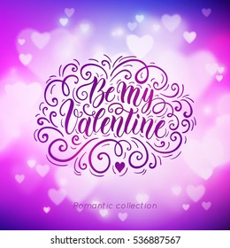 Happy Valentine's day hand lettering banner on blured background. Can be used for website background, poster, printing, banner, greeting card. Vector illustration