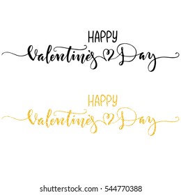 Happy Valentine's day hand lettering, black ink and gold glitter effect, isolated on white background. Vector illustration. Modern calligraphy.