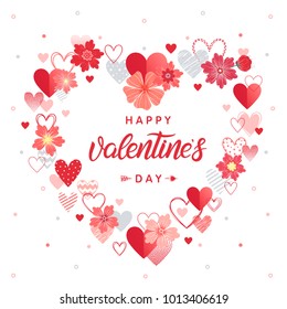 Happy Valentines Day - Hand painted lettering with different hearts and flowers.Romantic illustration perfect for design greetings, prints, flyers,posters,save the date,holiday invitations and more.