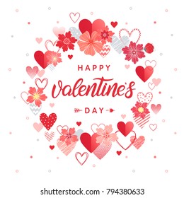 Happy Valentines Day - Hand painted lettering with different hearts and flowers.Romantic illustration perfect for design greeting cards, prints, flyers,posters,holiday invitations and more.