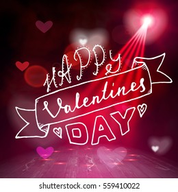 Happy valentines day hand written lettering positive quote, calligraphy poster vector illustration. Valentines Day Card Calligraphy. Background in show. Vector interior shined with a projector.