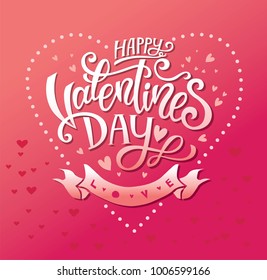 Happy Valentines Day hand-drawn lettering design with heart. For  greeting card, poster, festive card, invitation. Vector illustration.