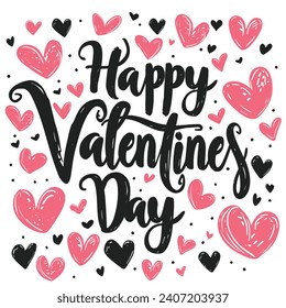 Happy Valentine's Day. Hand-drawn lettering card with hearts. Vector illustration.