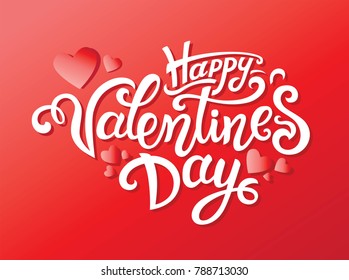 Happy Valentines Day hand-drawn lettering design with hearts. For  greeting card, poster, festive card, invitation. Vector illustration.