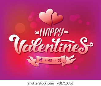 Happy Valentines Day hand-drawn lettering design with hearts. For  greeting card, poster, festive card, invitation. Vector illustration.