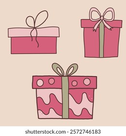 Happy Valentine's Day. Hand-drawn pink gift boxes with bows, ribbons, and patterns. Cute and minimalistic illustration style