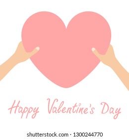 Happy Valentines day. Hands arms holding pink heart icon shape sign. Greeting card. Flat design style. Love soul gift concept. Close up body part. White background. Isolated. Vector illustration