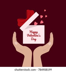 Happy Valentine's Day. Hands hold gift box with hearts and  ribbon baw. Vector flat icon. Beautiful design template. 