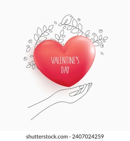 Happy Valentine's day and hands. love heart pink, hand, flower line design. decorative abstract background with hand drawn heart. hand written greeting card template for Valentine's day. 