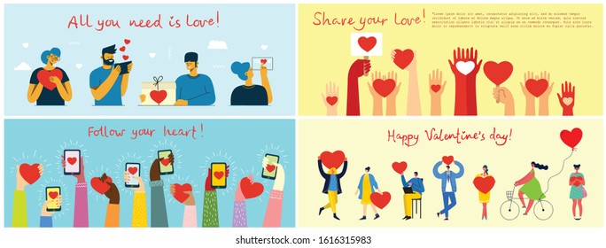 Happy Valentine's Day. Hands and people with hearts as love massages. Vector illustration for Valentine's day in the modern flat style