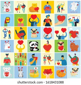 Happy Valentine's Day. Hands, pets and people with hearts as love massages. Vector illustration for Valentine's day in the modern flat style