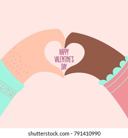 Happy Valentines Day. Hands with sweater sleeves of a loving couple shaping a heart, isolated on white background. Male white and female african american fingers. Greeting card design.