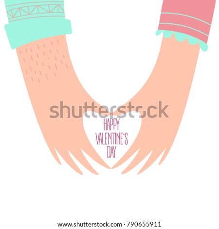 Happy Valentines Day. Hands with sweater sleeves of a loving couple shaping a heart, isolated on white background. Male and female fingers. Greeting card design.