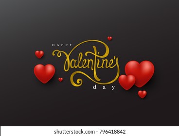 Happy Valentine's Day handwriting script lettering with glitter foil effect and 3d hearts. Decorative elements for holiday design. Vector illustration.