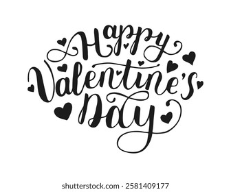 Happy Valentines Day handwritten black words isolated on white background. Hand drawn Calligraphy lettering with hearts. Holiday typography greeting for banner poster posts card