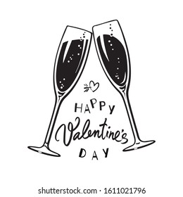 Happy Valentine's Day handwritten  calligraphic text with two sparkling glasses of champagne. Retro style vector illustration isolated on white background.