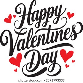 Happy Valentine's Day. Handwritten calligraphic lettering with hearts on white background.