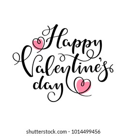 Happy Valentines Day handwritten calligraphy text on a white background. Black lettering with pink hearts. Vector illustration for flyers, banners, posters and greeting cards