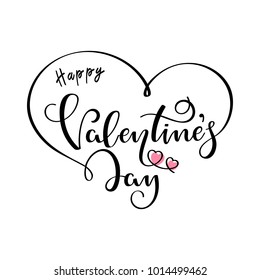 Happy Valentines Day handwritten calligraphy text on a white background. Black lettering with pink hearts. Vector illustration for flyers, banners, posters and greeting cards