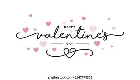 Happy Valentine's Day handwritten calligraphy typography with pink hearts isolated on white background. Vector illustration. Wallpaper, flyer, poster, brochure, banner.