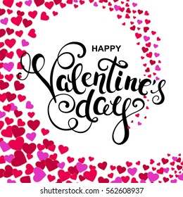 Happy valentines day handwritten calligraphy with colorful whirl hearts. Vector illustration.