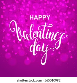 Happy Valentines day handwritten calligraphy lettering on pink hearts background. Vector illustration.