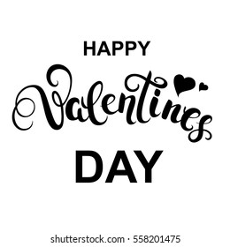 Happy Valentines day handwritten callygraphy with hearts on white background. Text for greeting card. Vector Illustration.