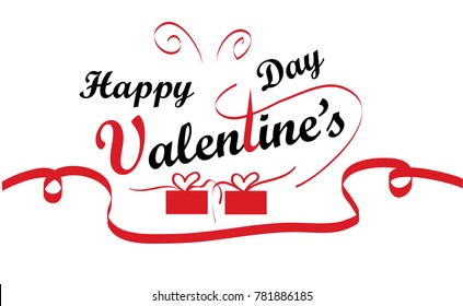 Happy Valentine's Day with handwritten Design, Heart-shaped ribbon gift box,  White background Vector Illustration