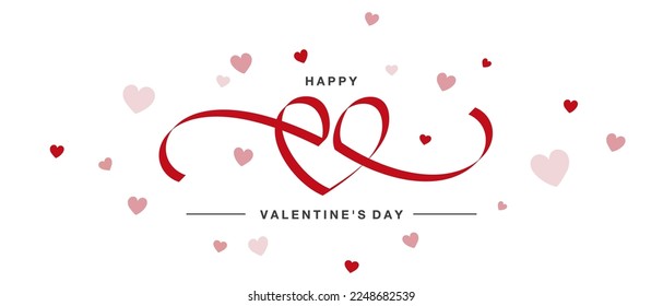 Happy Valentine's Day handwritten heart ribbon drawing with pink red hearts. Heart minimal ribbon contour Art. Vector illustration