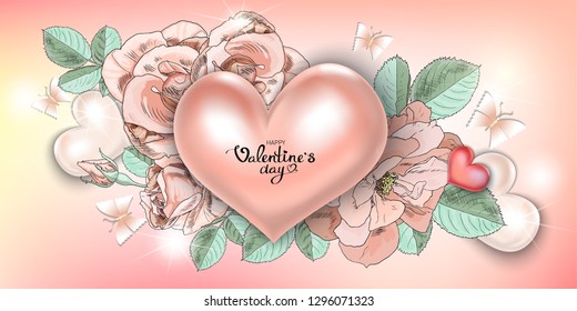 Happy Valentine's day, handwritten. Hearts, roses, leaves, butterflies and stars Shine on a pink background. Decorative postcard, poster, banner suitable for holidays: wedding and Declaration of love,