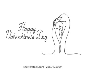 Happy Valentine's Day handwritten inscription, postcard with couple of flamingos loving birds.continuous single line art drawing sketch, logo